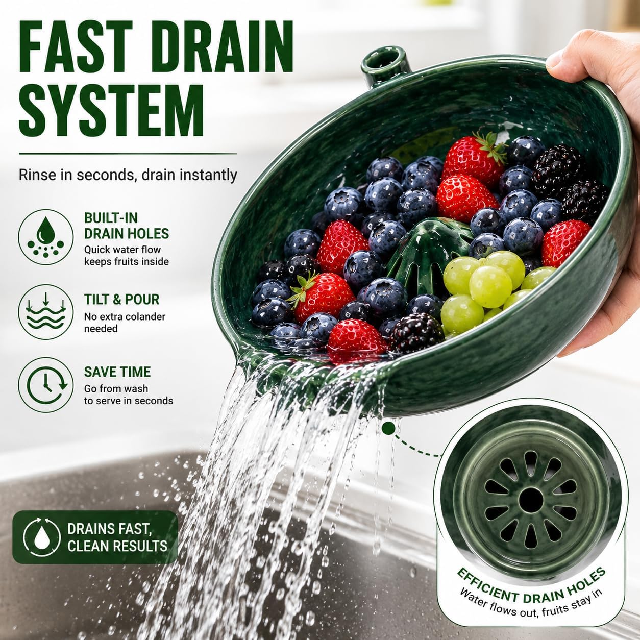 Self Spinning Berry Washing Bowl with Drain Holes, Berry Rinse Bowl & Fruit Wash Bowl for Strawberries, Blueberries and Grapes, Glossy Ceramic-Look PLA Berry Washer, Colander Bowl for Kitchen