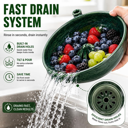 Self Spinning Berry Washing Bowl with Drain Holes, Berry Rinse Bowl & Fruit Wash Bowl for Strawberries, Blueberries and Grapes, Glossy Ceramic-Look PLA Berry Washer, Colander Bowl for Kitchen