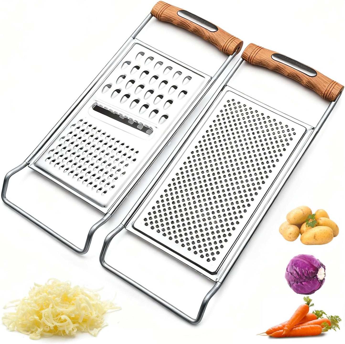 2 Pack Cheese Grater Handheld,Stainless Steel Zester Set of 2, Kitchen Flat Handheld Grater For Potato, Vegetable Chocolate, Spices,Carrot, Butter,Parmesan Cheese（Coarse Grater&Fine Grater）