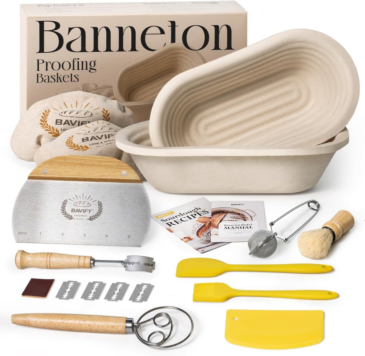 Wood Pulp Banneton Bread Proofing Basket Set, Non-Stick Dough Proofing Bowl for Sourdough, Sourdough Starter Kit Bread Baking Supplies Making Tools (Round)