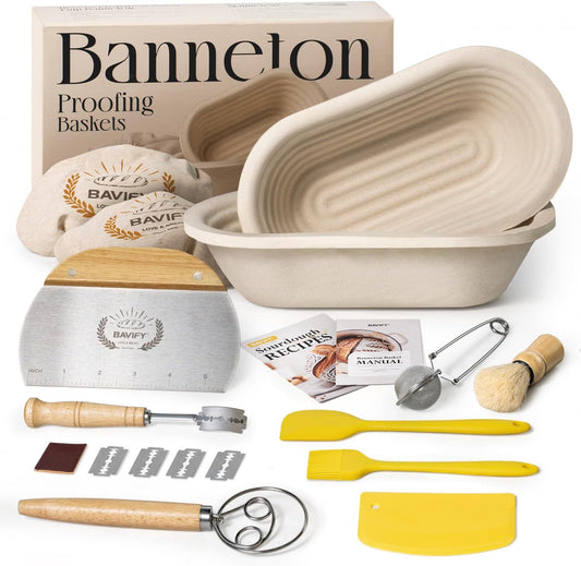 Wood Pulp Banneton Bread Proofing Basket Set, Non-Stick Dough Proofing Bowl for Sourdough, Sourdough Starter Kit Bread Baking Supplies Making Tools (Round)