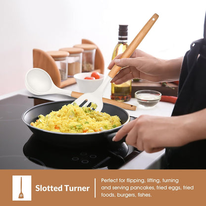 E-far Cooking Utensils Set of 6, Silicone Kitchen Utensils with Wooden Handle, Non-stick Cookware Friendly & Heat Resistant, Includes Spatula/Ladle/Slotted Turner/Serving Spoon/Spaghetti Server(Khaki)