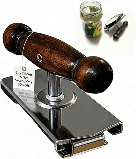 Heavy-Duty Cap Crack Jar Opener for Senior & Weak Hand - Strong Grip Oak Wood Handle & 304 Stainless Steel, Adjustable Manual Leverage Lid Remover for 1.5"-4" Jars [Clamp on Lid to Open]