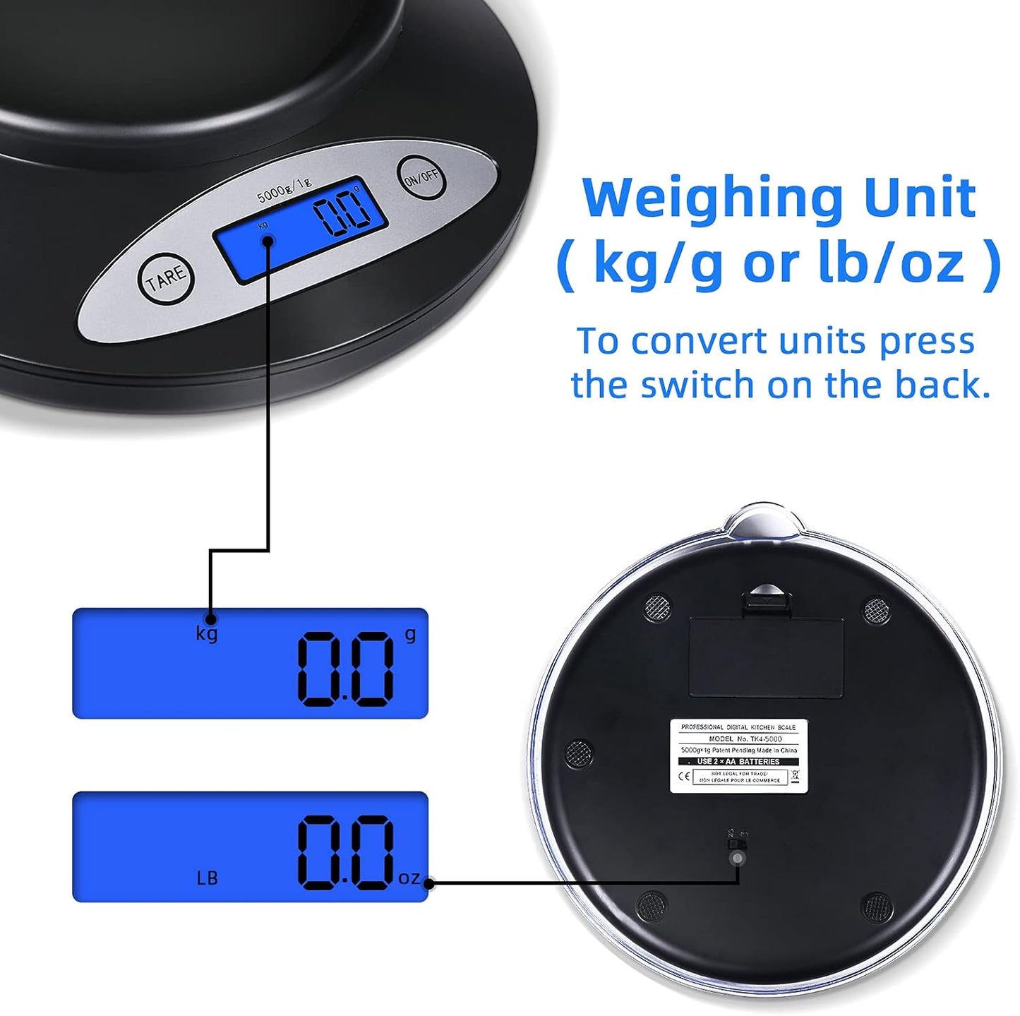THINKSCALE Digital Kitchen Scale, Highly Accurate 5000g/11lb x 0.1oz, Food Scale for Cooking, Baking and Weight Loss, Kitchen Scale with Bowl 2 Modes and Tare Features, Back-lit LCD Display