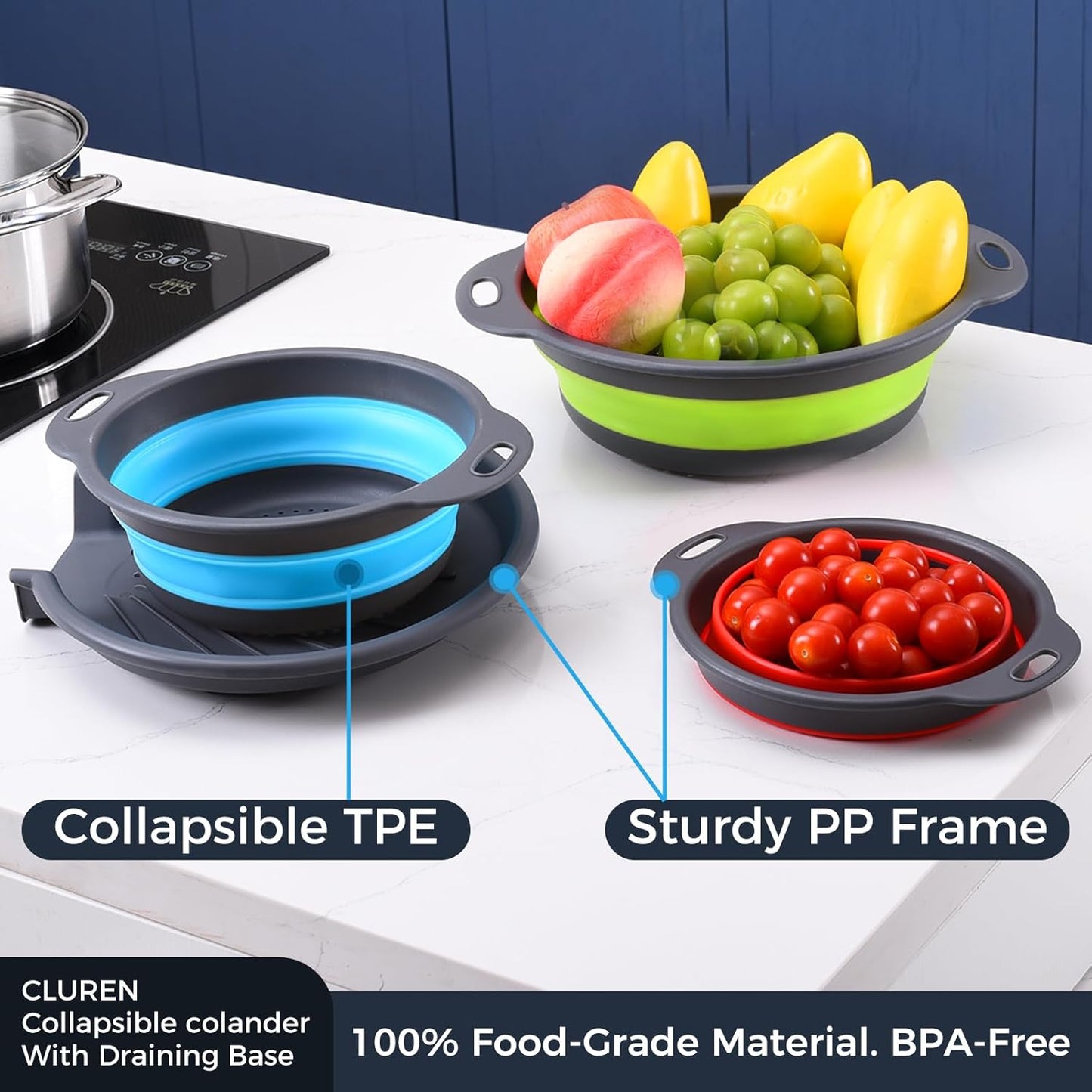 Collapsible Colander Set with Oversized Draining Tray | 3-Pack Foldable Kitchen Strainers + Base | Space Saving for Pasta, Veggies, Fruit & Rice | 5 Colors (Gray-White)