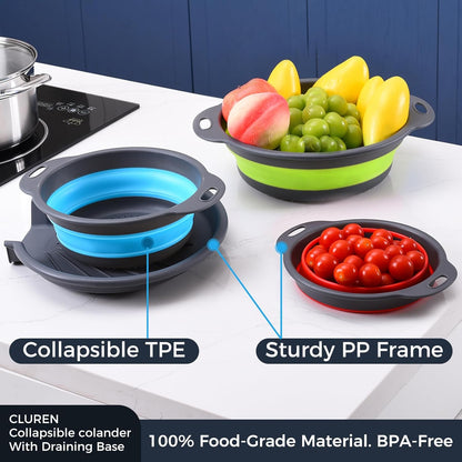 Collapsible Colander Set with Oversized Draining Tray | 3-Pack Foldable Kitchen Strainers + Base | Space Saving for Pasta, Veggies, Fruit & Rice | 5 Colors (Gray-White)