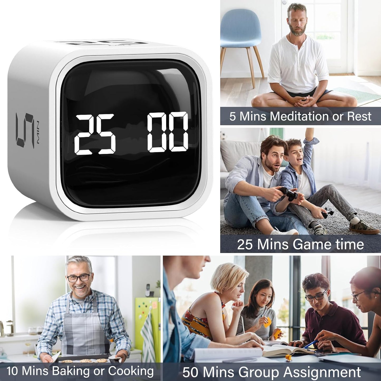 Rotating Pomodoro Timer 5, 25, 10 50 Minutes Preset, Desk Productivity Flip Timer, ADHD Tool Cube Countdown Stopwatch, Vibration/High/Low Volume/Custom Modes, for Work, Study, Back to School, Kitchen