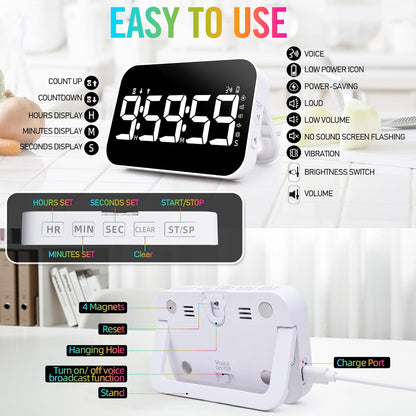 TXL Kitchen Timer for Cooking, Rechargeable Digital Magnetic Timer with Large LED Display, Loud Alarm, Sound Countdown, 4 Volume Levels and 3 Brightness for Classroom, Study (RGB)