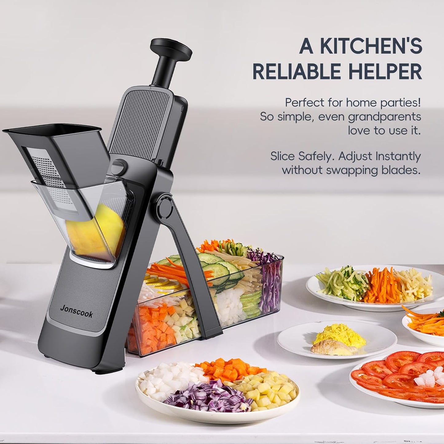 Jonscook All-in-1 Update Safe Mandoline Slicer for Kitchen, Food Chopper with Container, Thickness Adjustable Vegetable Chopper, Potato French Fry Cutter Tomato Apple Slicer Onion (BlackKnight)