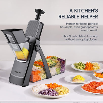 Jonscook All-in-1 Update Safe Mandoline Slicer for Kitchen, Food Chopper with Container, Thickness Adjustable Vegetable Chopper, Potato French Fry Cutter Tomato Apple Slicer Onion (BlackKnight)