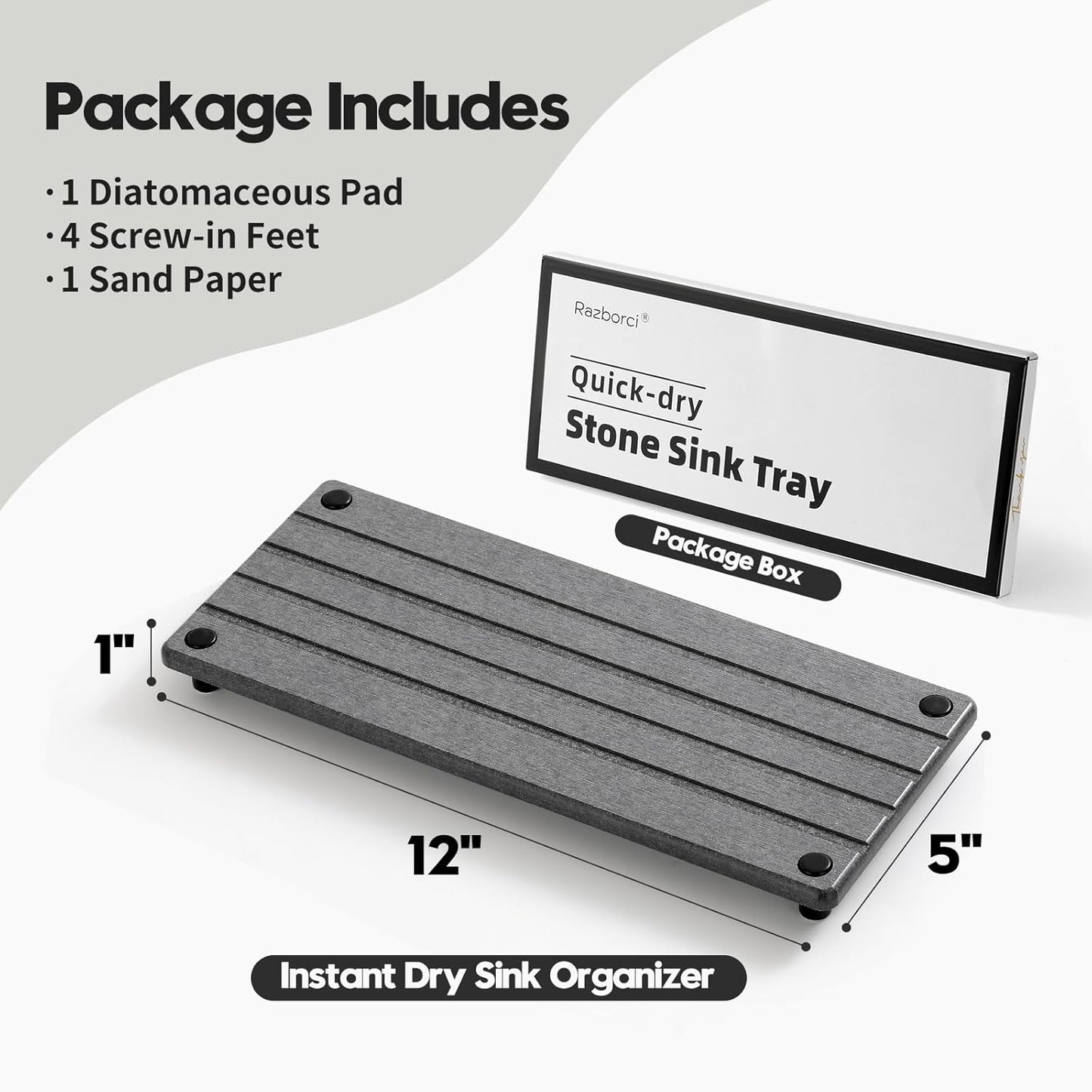 Sink Caddy Kitchen Sink Organizer, Water Absorbing Stone Tray for Sink,Diatomite Bathroom Counter Tray,Faucet Drying Mat Protector Coaster Soap Dish Rack Riser Vanity Dispenser Sponge Holder,10" x 4"