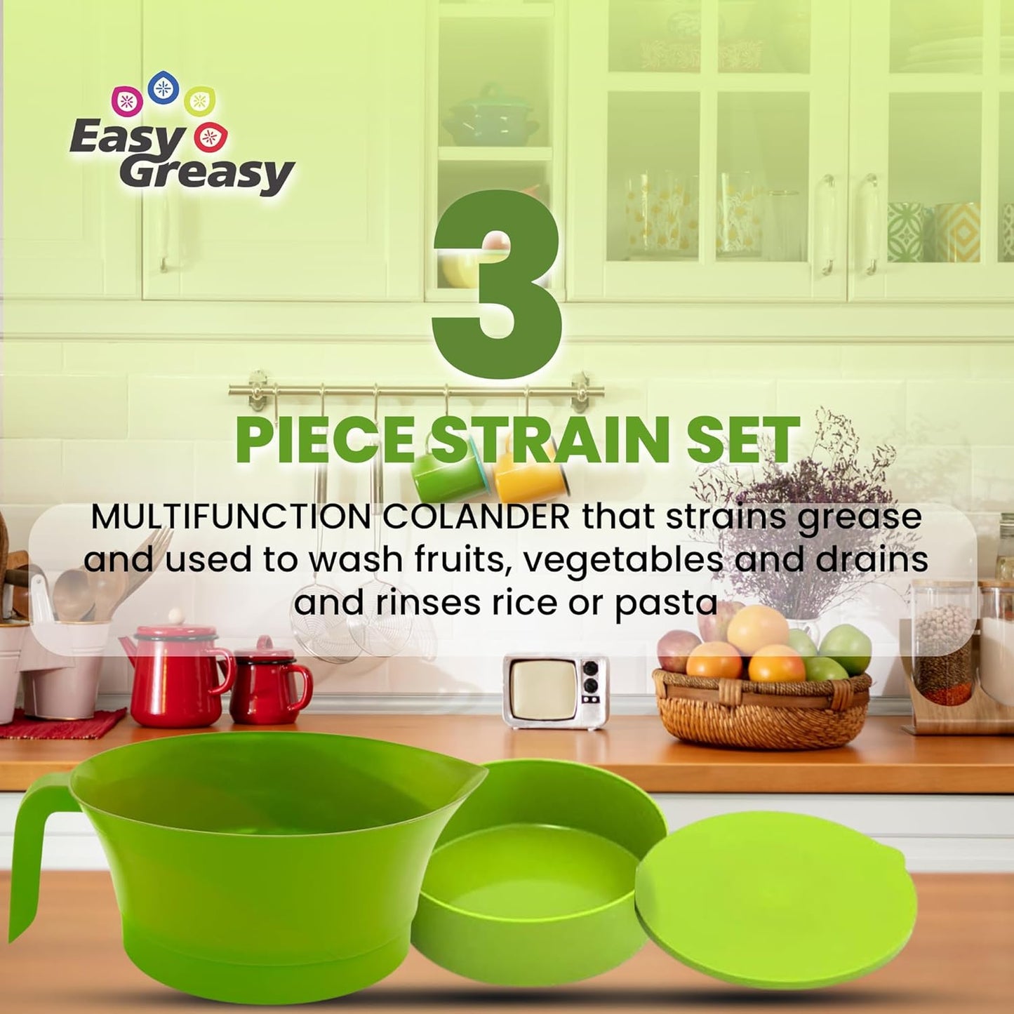 3-Piece Colander Grease Strainer Set – Green Grease Separator with Handle, Container & Lid – Strains Bacon, Pasta, Ground Beef – BPA-Free Kitchen Gadget
