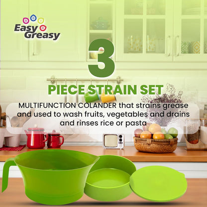 3-Piece Colander Grease Strainer Set – Green Grease Separator with Handle, Container & Lid – Strains Bacon, Pasta, Ground Beef – BPA-Free Kitchen Gadget