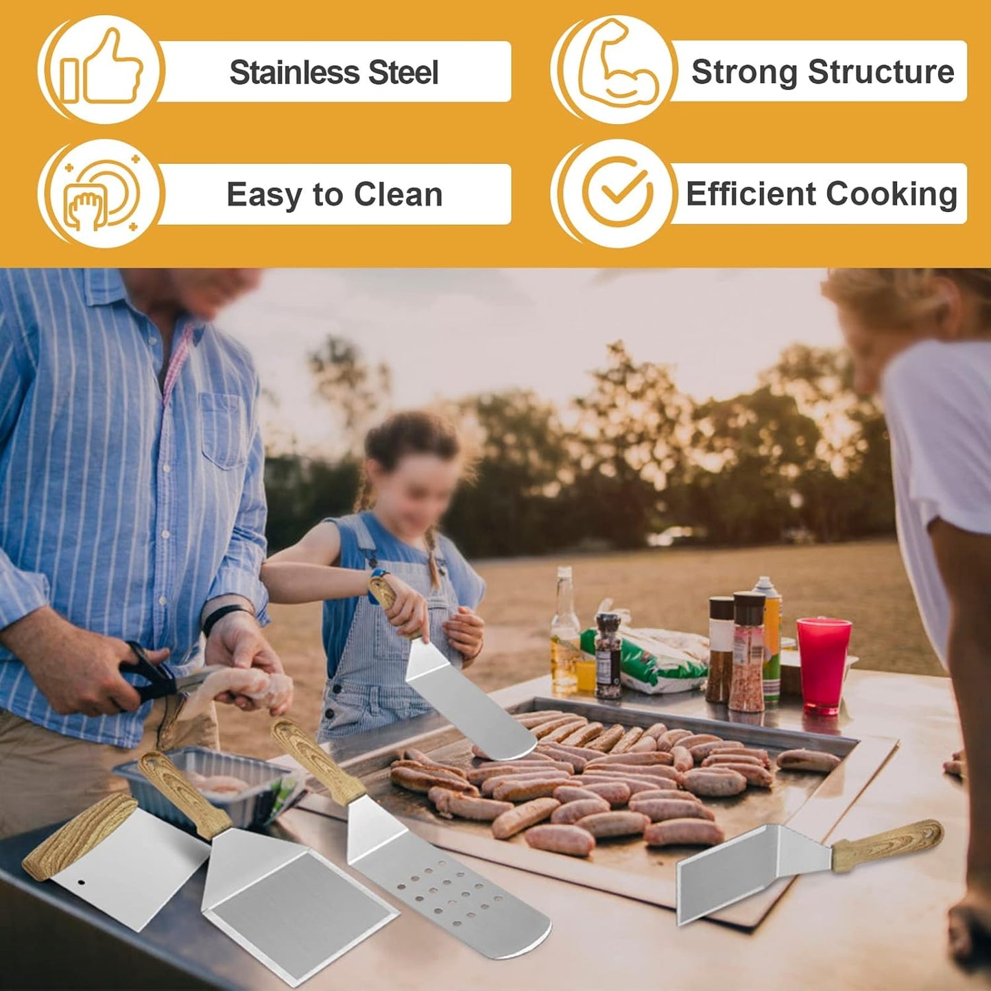 HaSteeL Griddle Accessories Kit of 5, Heavy Duty Metal Spatula, Professional Stainless Steel Flat Top Griddle Tools Set, Pancake Flipper/Griddle Scraper/Hamburger Turner for BBQ Grilling Cast Iron