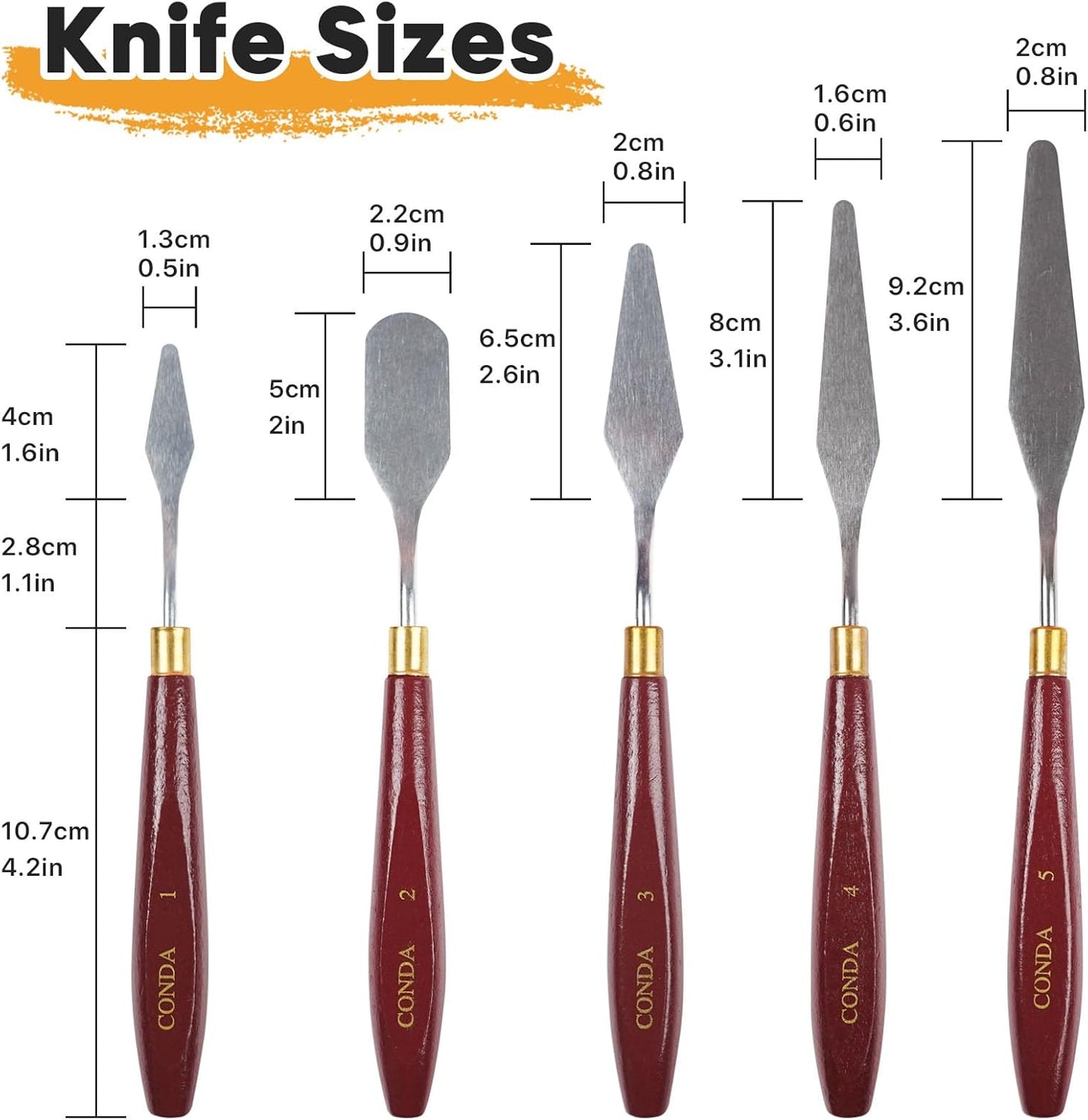 CONDA Palette Knife Painting Stainless Steel Spatula Palette Knife Oil Paint Metal Knives Wood Handle (Red 5 Piece)