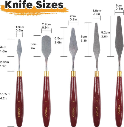 CONDA Palette Knife Painting Stainless Steel Spatula Palette Knife Oil Paint Metal Knives Wood Handle (Red 5 Piece)