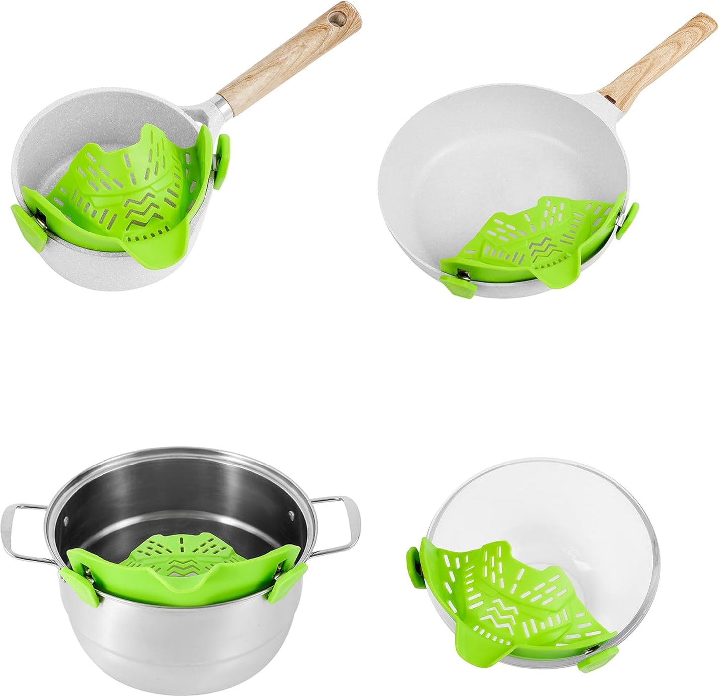 Adjustable Silicone Clip-On Colander. Heat-Resistant Drainer for Pasta, Vegetables, Noodles, and Food. Clip On Strainer for Pots, Pans, and Bowls-Essential Kitchen Gadget (Green)