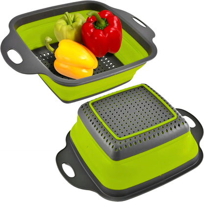 Green Kitchen Strainer Colander Set - 2 PCS Multifunctional Colander Silicone Food Strainers for Kitchen for Pasta and Spaghetti Collapsible with Plastic Handles