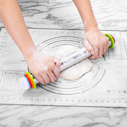 Stainless Steel Rolling Pin and Silicone Mat Set, Adjustable Thickness Rings - For Baking Dough, Pizza, Pies, Pastries, Pasta, Cookies