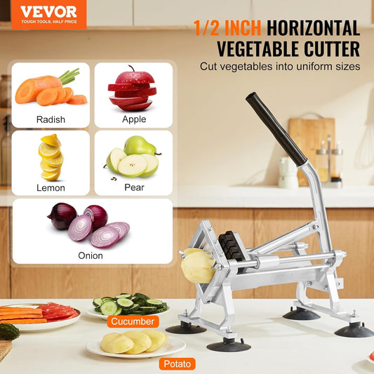 VEVOR Commercial Vegetable Slicer, 1/4 and 1/2 inch Tomato Slicer, Stainless Steel and Aluminum Alloy Vegetable Cutter Slicer, Manual Tomato Slicer with Non-slip Feet, for Tomatoes, Onions, Potatoes