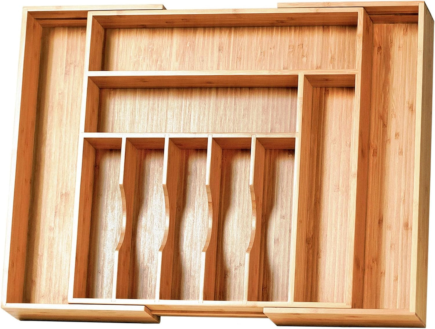 Umilife Bamboo Kitchen Drawer Organizer, 13 Inch Silverware Utensil Tray Holder, Extra Deep Grooved Drawer Divider, 7 Slots Total Bamboo Wood Caddy for Flatware Cutlery Knives, Forks, Spoons
