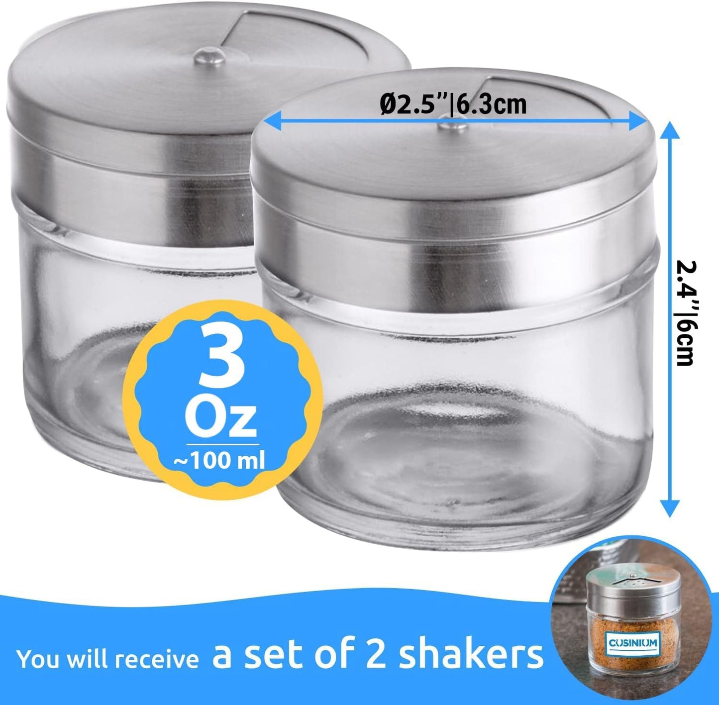 CUSINIUM 2-Pack 1.5oz Glass Spice Seasonings Shaker With Adjustable Lid