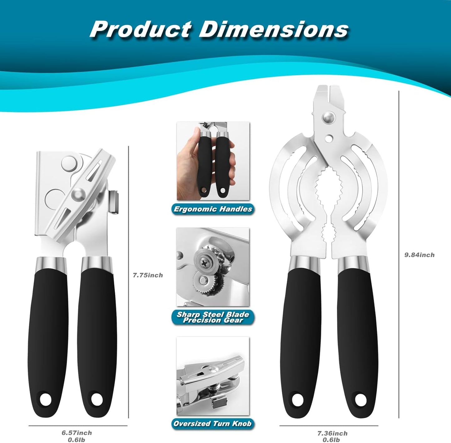 Can Opener Manual, Heavy Duty Handheld Can Opener for Seniors, Sharp Blade Manual Can Openers Smooth Edge, Versatile Hand Can Openers Lid Remover for Kitchen Cans Bottles Lids (2Pack, Black)