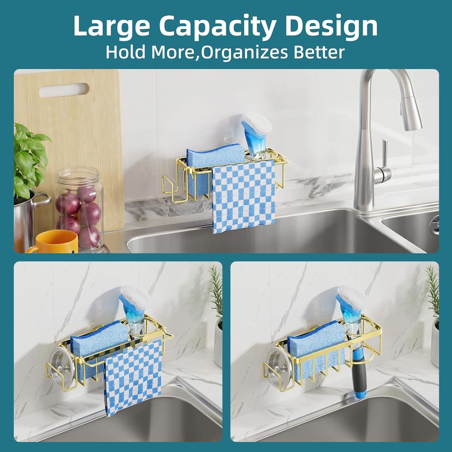 TAILI 4-in-1 Sink Caddy with Strong Suction Cup, Sponge Holder for Kitchen Sink Organizer, Removable, Rustproof, Stainless Steel Holder for Sponge, Brush, Scrubber, Scraper - Silver