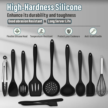 E-far Silicone Cooking Utensils Set, 7-Piece Black Heat Resistant Kitchen Utensils Set, Kitchen Nonstick Tools Spatula Ladle Spoon Pasta Server for Non-stick Cookware, Non-Toxic & Dishwasher safe