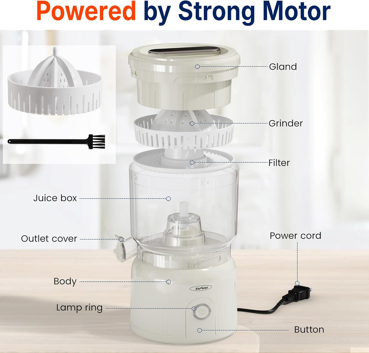 Sunvivi Electric Citrus Juicer, 90W Automatic Juice Squeezer with High-Speed 15,000 RPM, Ideal for Orange, Lemon, and Soft Fruits, Compact and Easy to Clean, Includes Cleaning Brush, White