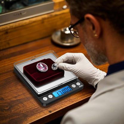 (Upgraded) AMIR Digital Kitchen Scale, 500g Mini Pocket Jewelry Scale, Food Scale, Coffee Scale, Back-Lit LCD Display, 2 Trays, 6 Units, Auto Off, Tare, PCS, Stainless Steel (Batteries Included)