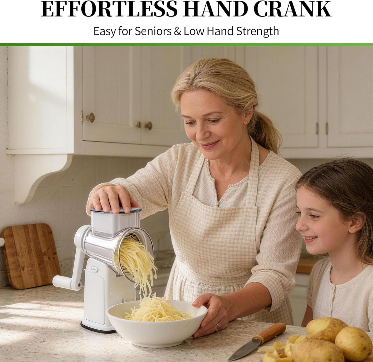 Cheese Grater Hand Crank with Integrated Storage Room, 5 Blades Cheese Grater Rotary with Handle, Potato Shredder, Kitchen Shredder for Vegetable, Fruit, Nut, Non-Slip Suction Base