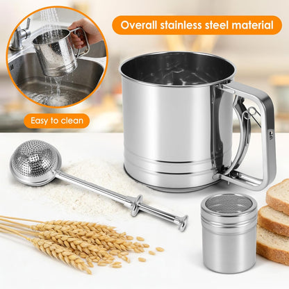 Flour Sifter for Baking, 3 in 1 Stainless Steel 3 Cup Flour Sieve Fine Mesh Sifter, Double-layer Squeeze Baking Sifter, Powdered Sugar Shaker Duster Set for Baking Cakes, Pastries, Cupcakes, Desserts