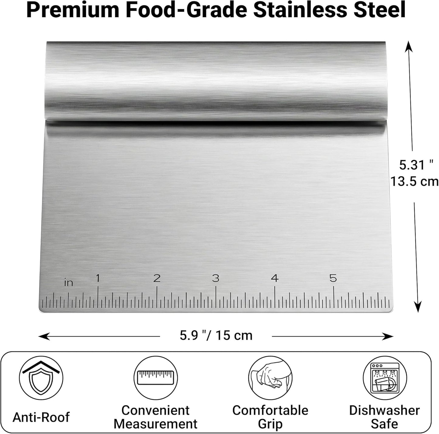 Bench Scraper Kitchen & Dough Scraper Tool - Stainless Steel Multi-Purpose Scraper & Chopper with Laser-Etched Metric Scale - Heavy Duty Pastry Cutter & Griddle Tool for Bread, Pizza & Baking