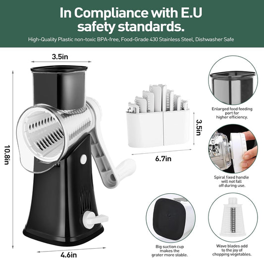 APSARAS USA Rotary Cheese Grater, 5 in 1 Rotary Grater, Cheese Grater Hand Crank, Replaceable Stainless Blades Cheese Shredder, Cheese Slicer, Easy to Clean Kitchen Gadgets with Storage Box