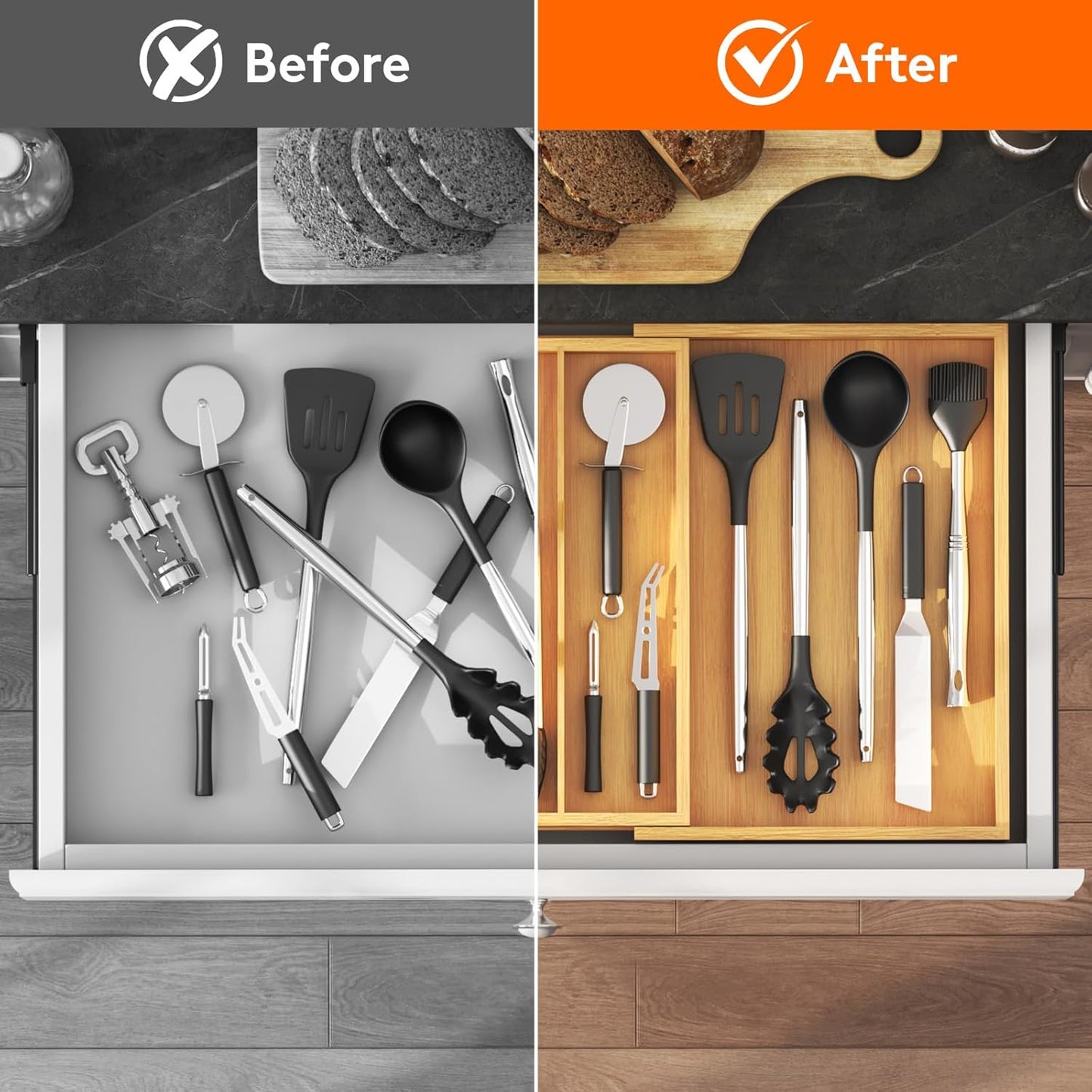 Lifewit Utensil Organizer for Kitchen Drawer, Expandable Cooking Utensil Tray, Cutlery Silverware Flatware Holder, Wood Adjustable Spatula Tools Storage Divider, 8.9-15.8 x 15.75, Natural