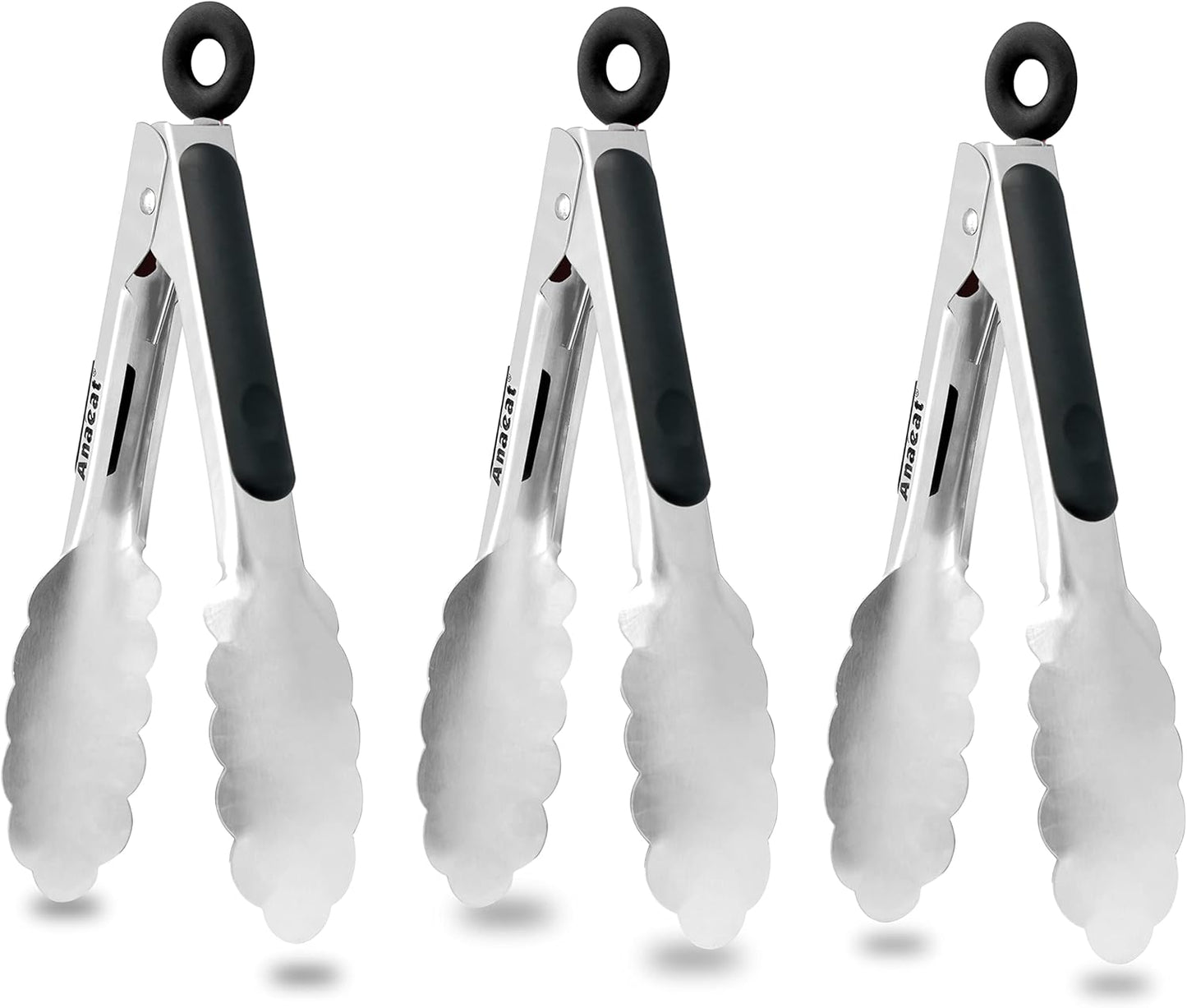 Anaeat Non-Stick Silicone Locking Tong Set of 3 - Stainless Steel 7", 9", 12" Kitchen Food Tongs with Non-Slip Silicone Tips and Grip for Cooking, Baking and BBQ - Heat Resistant up to 480°F (Black)