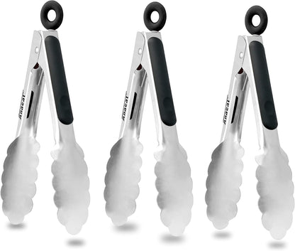 Anaeat Non-Stick Silicone Locking Tong Set of 3 - Stainless Steel 7", 9", 12" Kitchen Food Tongs with Non-Slip Silicone Tips and Grip for Cooking, Baking and BBQ - Heat Resistant up to 480°F (Black)