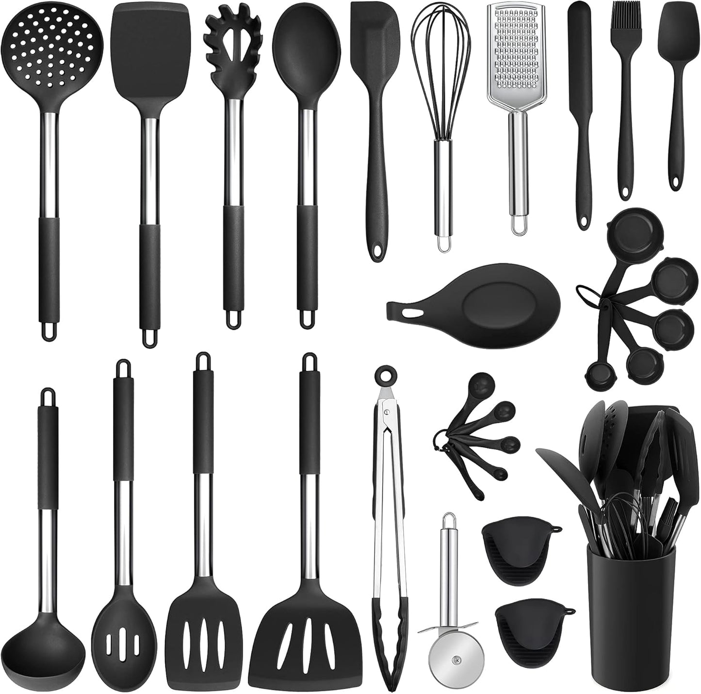 E-far Silicone Cooking Utensils Set, 7 Pcs Heat Resistant Kitchen Utensils with Stainless Steel Handle, Slotted Turner, Spoon, Soup Ladle, Pasta Server, Skimmer, Tongs for Nonstick Cookware, Black