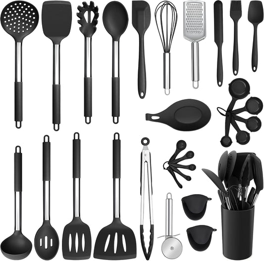 E-far Silicone Cooking Utensils Set, 7 Pcs Heat Resistant Kitchen Utensils with Stainless Steel Handle, Slotted Turner, Spoon, Soup Ladle, Pasta Server, Skimmer, Tongs for Nonstick Cookware, Black