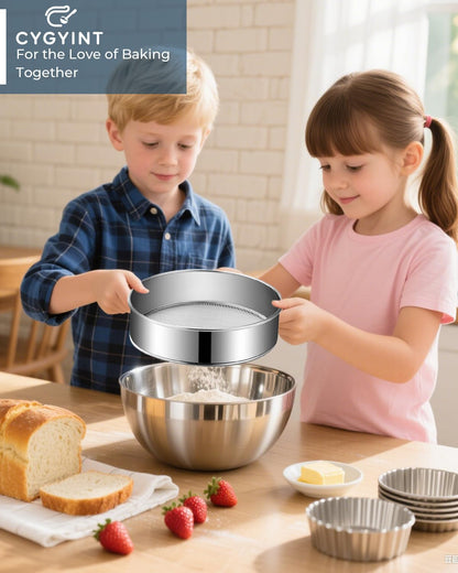4Pcs Fine Mesh Flour Sifters, 4'' 6'' 8'' 10'' Fine Mesh Drum Sieve Strainer Set 60 Mesh Round Baking Sifter for Cakes, Bread, Pastries & Kitchen Baking Supplies