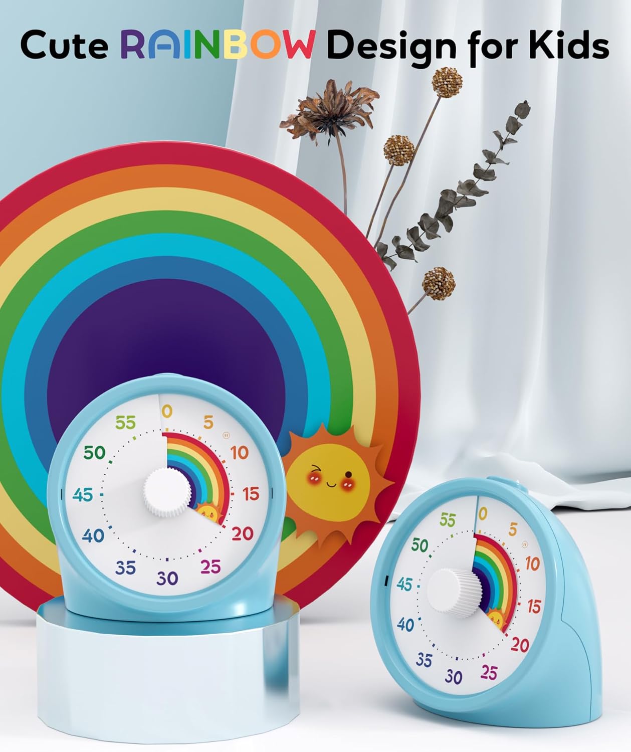 BellMan Visual Timer with Pause Button, 60 Minute Countdown Rainbow Timer for Kids and Adults with Silent Operation, Study and Meetings Time Management Tool, Design for Home, Office and Gift, White