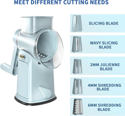 Rotary Cheese Grater with Handle - Compact Multi-Function Vegetable Shredder with 5 Sharp Blades & Strong Suction Base, Easy to Use Round Mandoline Slicer for Kitchen, Cooking, Camping & Travel