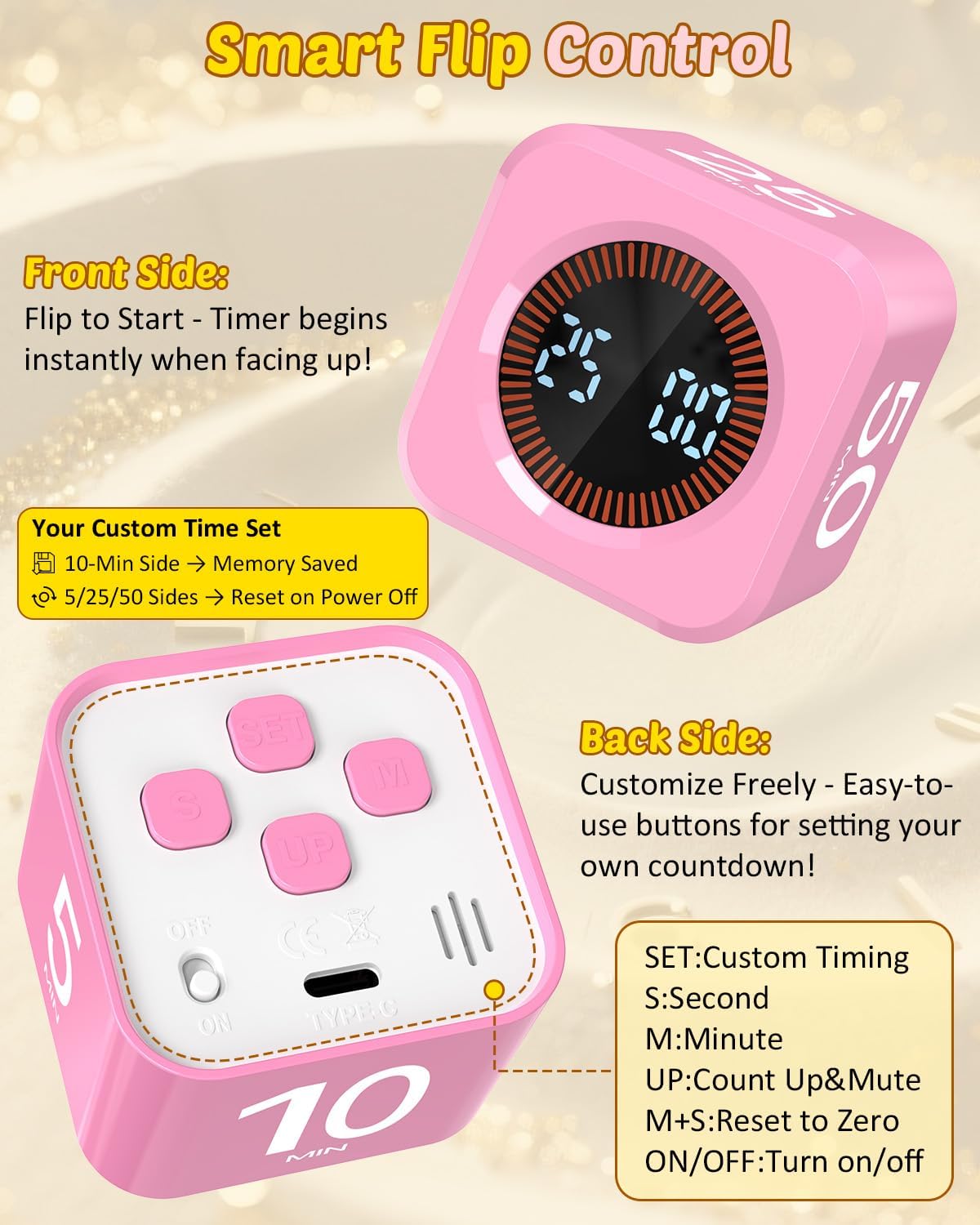 Digital Pomodoro Timer Cube 5/10/25/50min, Visual Productivity Flip Timer for Kids Classroom Desk, Custom Countdown, Silent and Sound Mode for ADHD Study Work Game Kitchen (Orange)