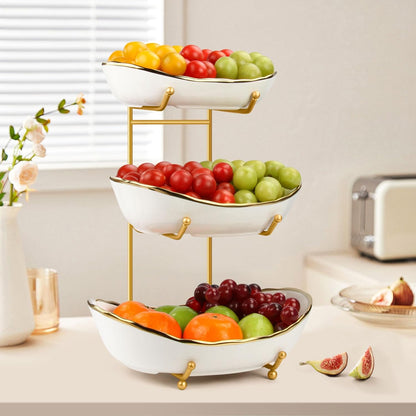 Fruit Bowl for Kitchen Counter, 3 Tier Ceramic Fruit Basket with Metal Stand, Tiered Fruit Stand for Countertop, Modern Multi Serving Bowl for Party Dessert, Vegetable, Snack