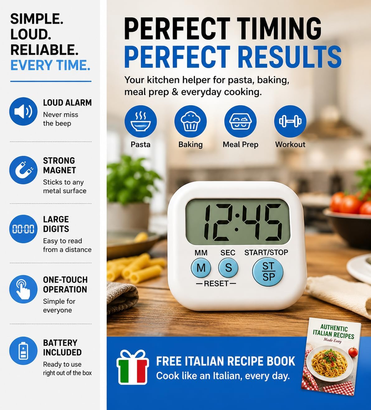 Digital Kitchen Timer for Cooking with Loud Alarm, Magnetic Countdown Timer, Large Display Big Digits Easy to Read, Count Up Stopwatch Timer for Baking Oven Kitchen Kids Classroom