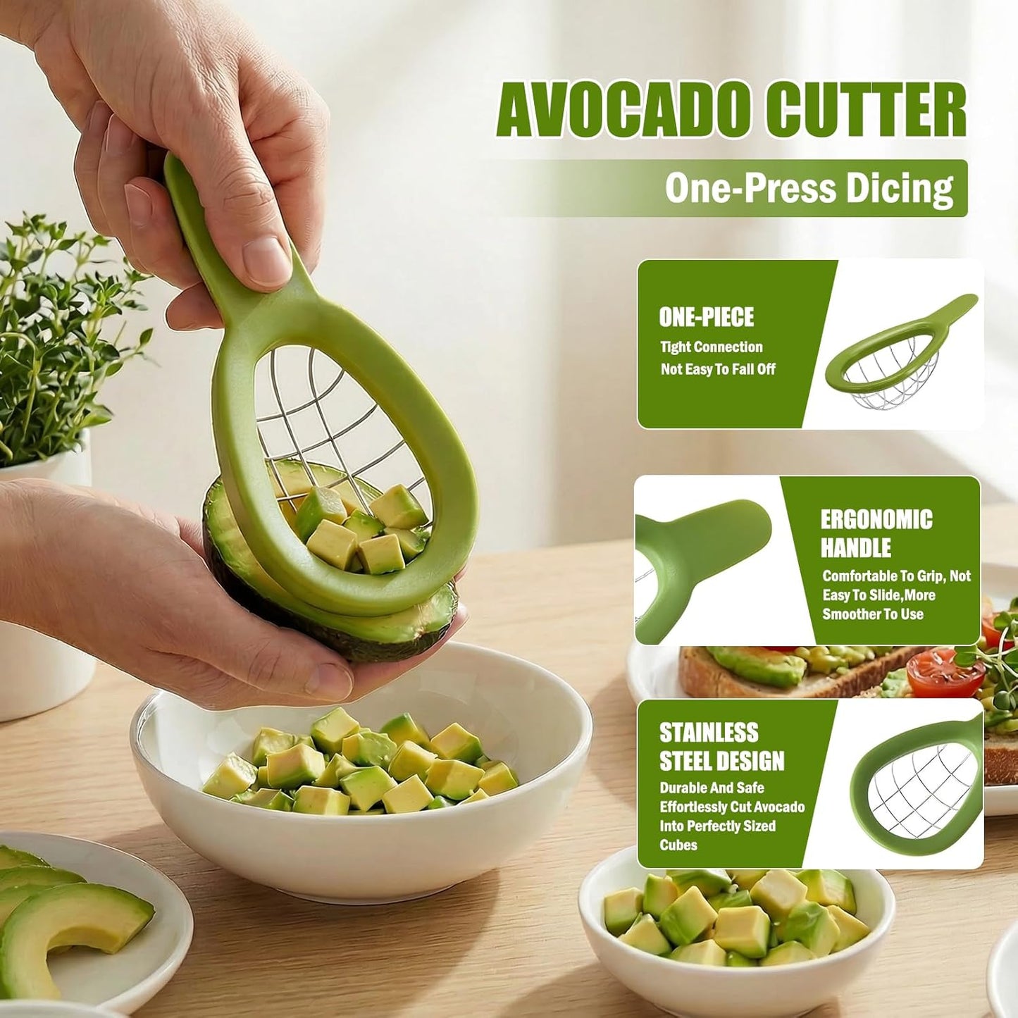Avocado 3 Piece Set, Includes Avocado Slicer, Cutter and Airtight Storage Container, Dishwasher Safe Tool for Slicing, Dicing and Keeping Avocados Fresh