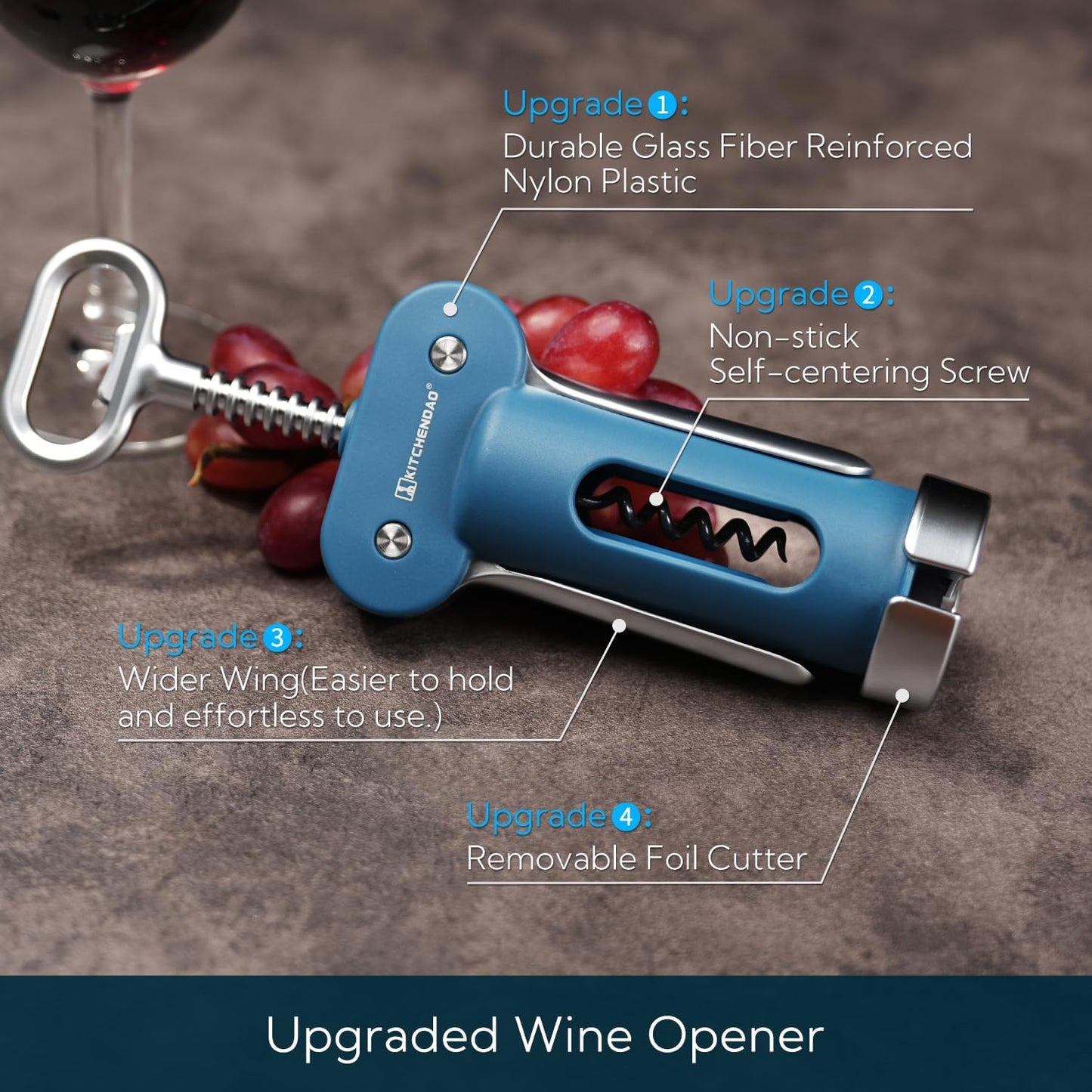 KITCHENDAO Luxury 3 in 1 Wine Opener with Foil Cutter, Beer Bottle Opener, Sturdy Zinc Alloy Wing Corkscrew with Self-centering Non-stick Sharp Screw, Easy to Remove Cork, Manual Corkscrew (Black)