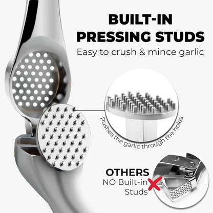 Zulay Kitchen Premium Garlic Press Set - Rust Proof Professional Garlic Mincer Tool - Easy-Squeeze, Easy-Clean with Soft, Ergonomic Handle - Silicone Garlic Peeler & Brush (Silver)