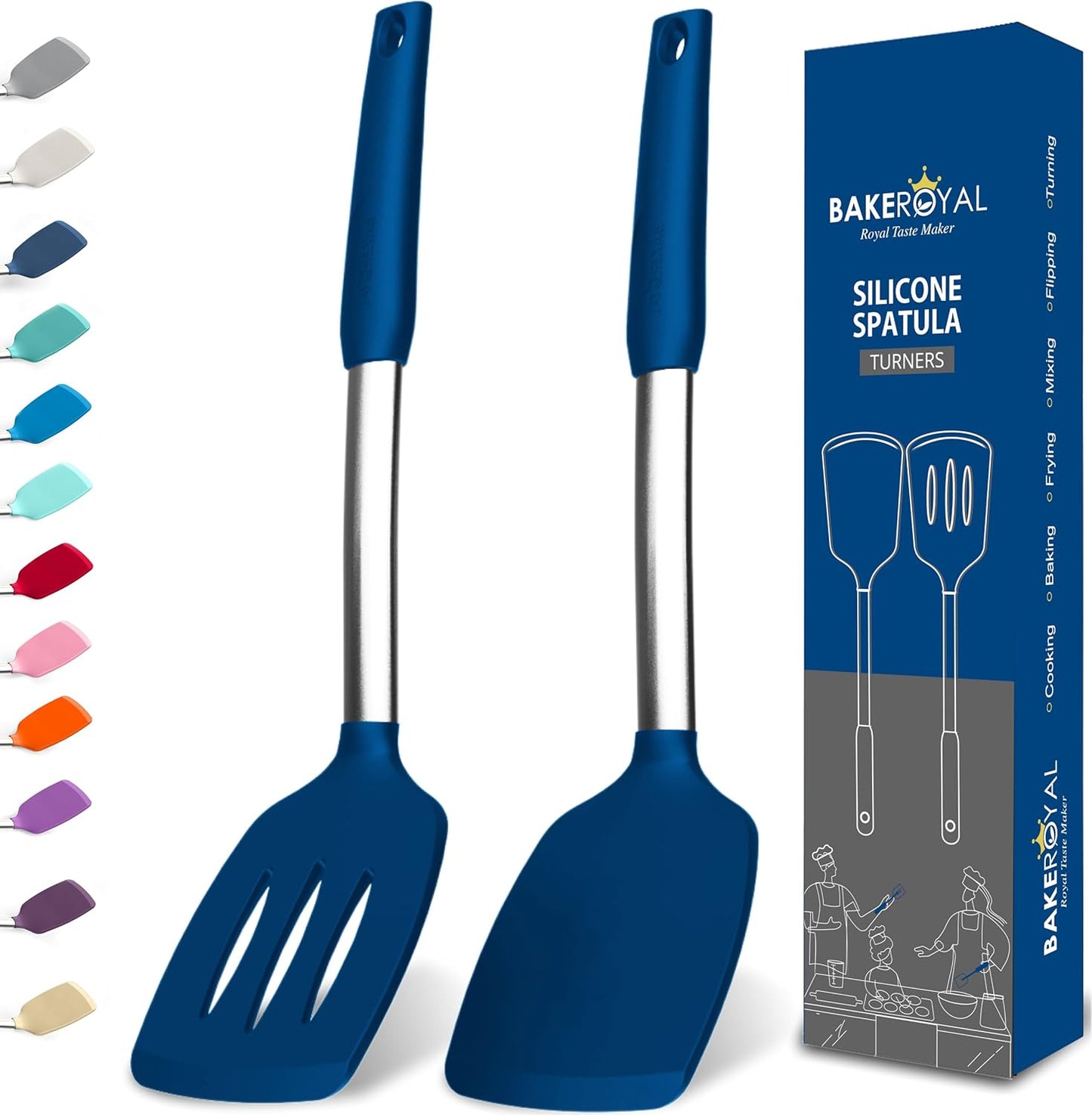 BakeRoyal Silicone Spatula Set - Turner Spatulas Silicone Heat Resistant 600°F - Slotted & Solid Spatula for Cooking Fish, Eggs, Pancakes Flipper – Spatulas for kitchen use – Royal Blue